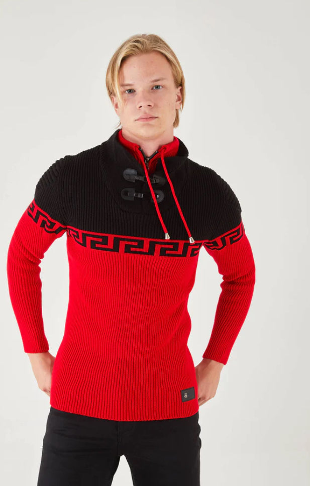 Suslo Couture Men's Black & Red Pullover Sweater | Meander Print