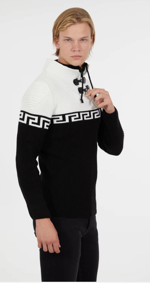 Suslo Couture Men's Black & White Pullover Sweater | Meander Print