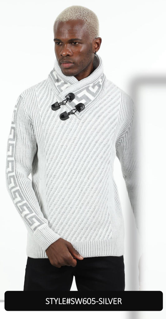 Suslo Couture Silver Button Up Sweater | Geometric Print SW605