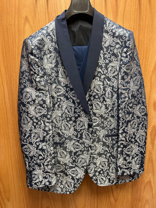 Moda Color Exclusive Navy with Silver Floral/Brocade Print 1-Button 3-Piece Turkish Slim Fit Suit