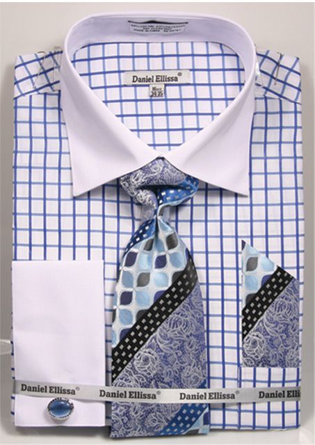 Daniel Ellissa Men's French Cuff Shirt Set - Two Tone Checker | DS3789P2 Blue