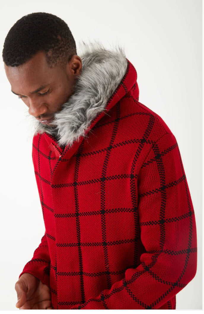 Lagos Red Exclusive Men's Red Plaid Long Sweaters | Fur Hoodie