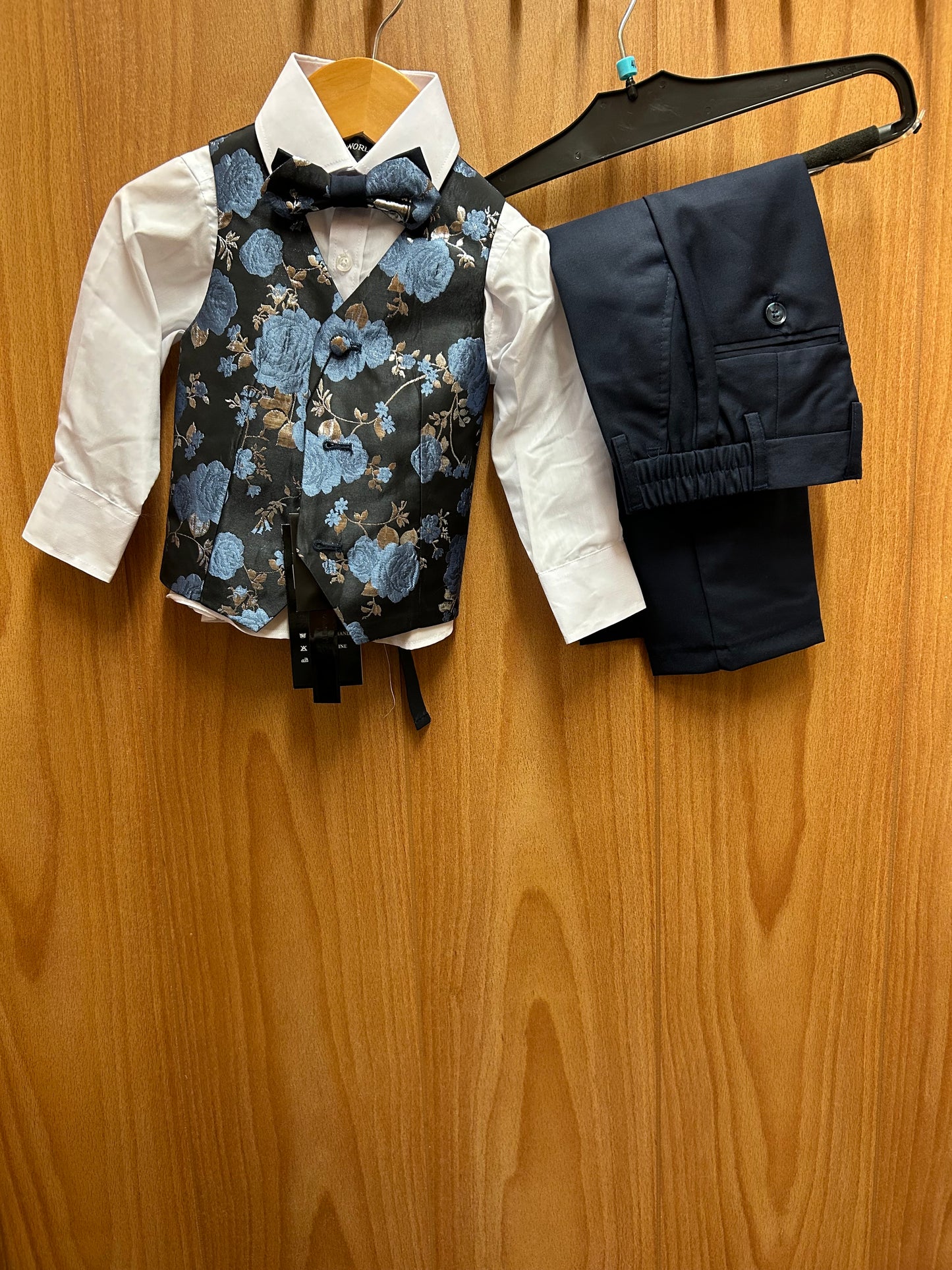 Kids World Of USA Navy/Light Blue/Silver Vest Set with matching bow tie and white dress shirt