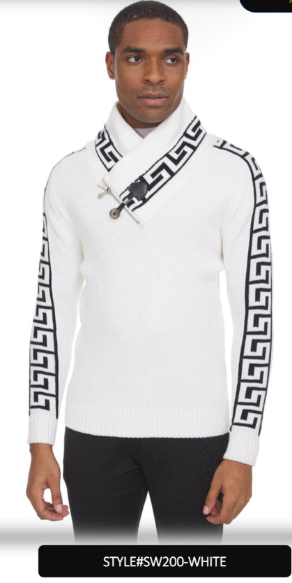 Suslo Couture Men's White Pullover Sweater | Meander Print