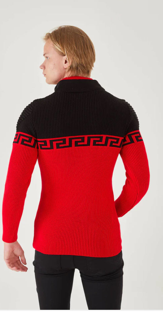 Suslo Couture Men's Black & Red Pullover Sweater | Meander Print