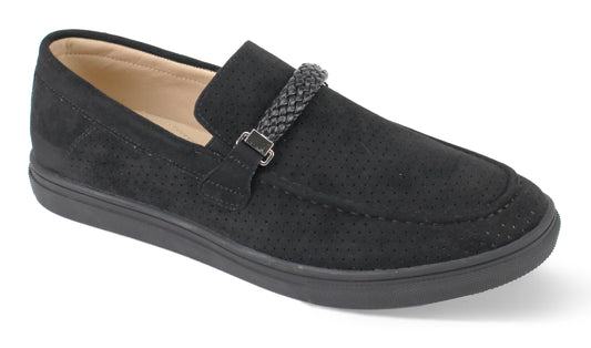 718 Black Moc Toe Woven Strap Slip-on Perforated Suede-like Casual Men's Loafer Style: 6998