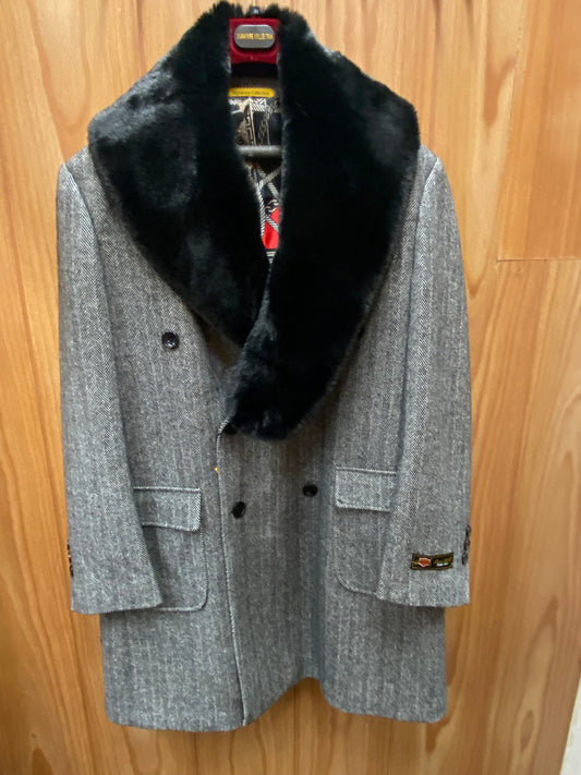 Signature Collection Manhattan Double Breasted Herringbone Topcoat with Fur Collar