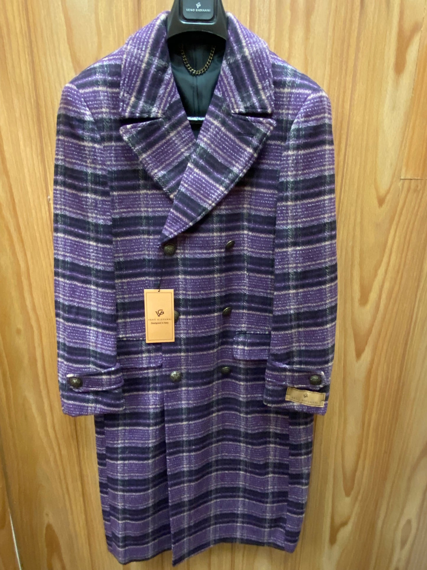 Veno Giovanni CB-11 Purple Windowpane Double breasted 100% Wool Overcoat/Topcoat