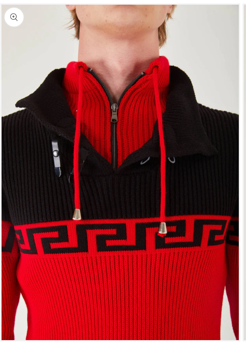 Suslo Couture Men's Black & Red Pullover Sweater | Meander Print