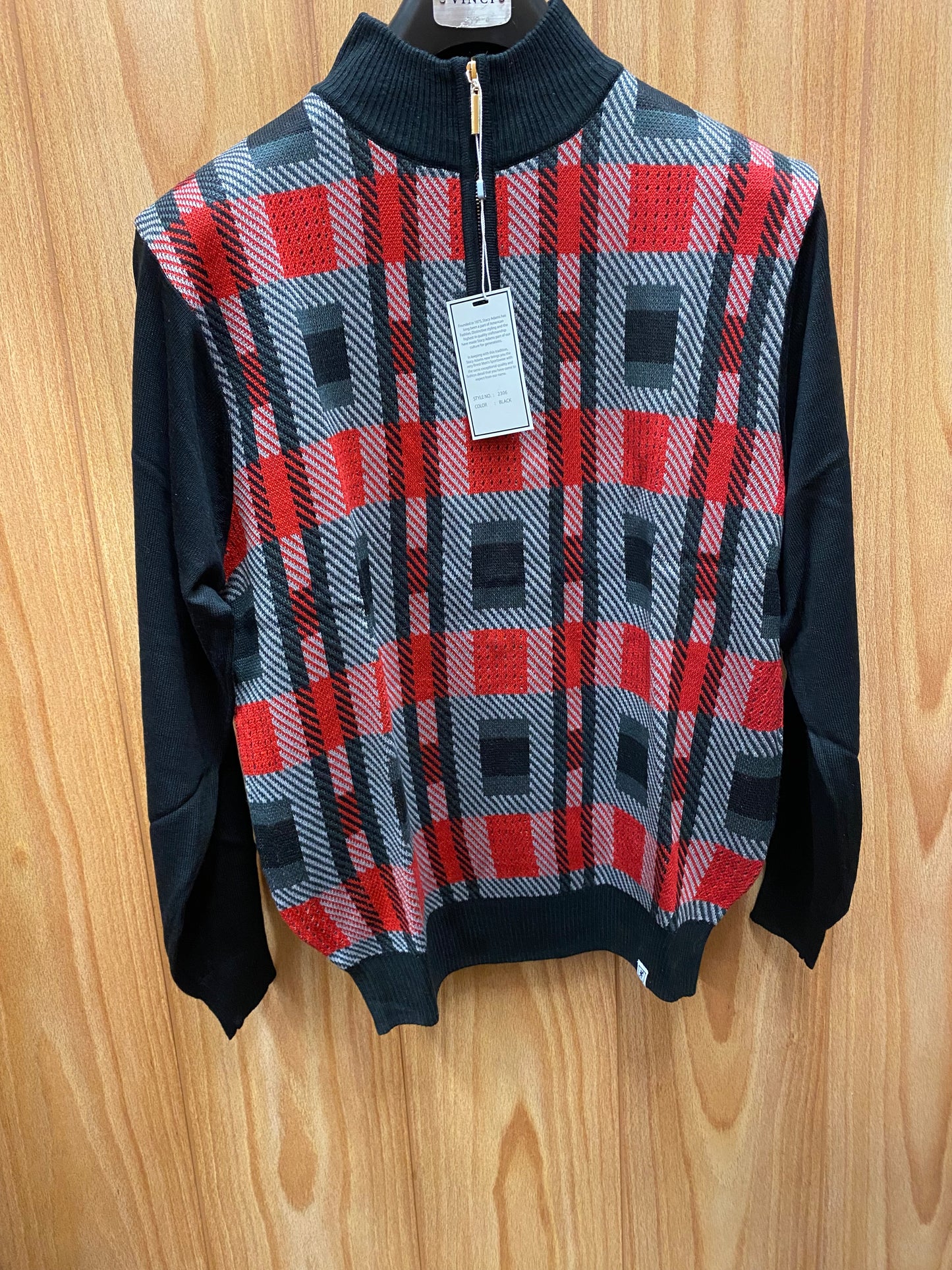 Stacy Adams 2306 Black/Red Geometric Print Sweater | Quarter Zip