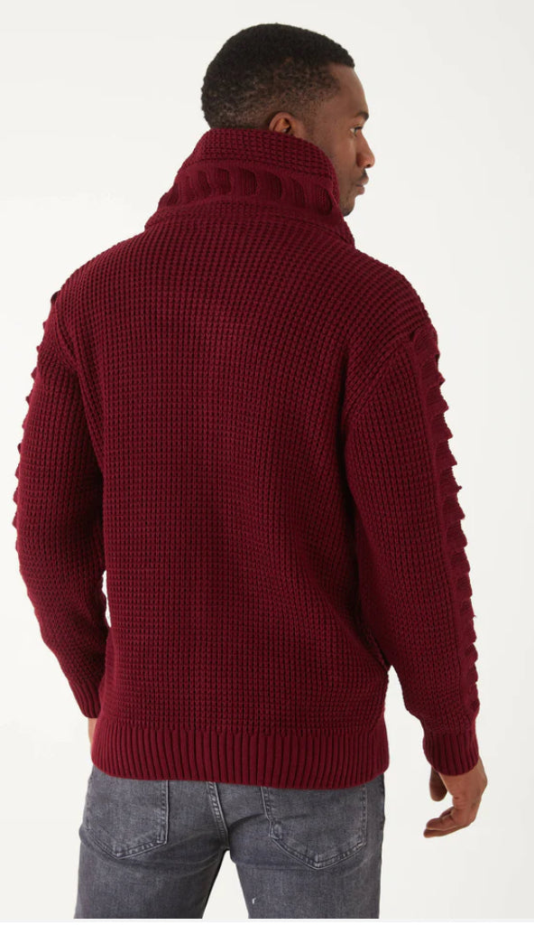 Lagos Red Men's Burgundy Button Up Sweater | Solid Striped