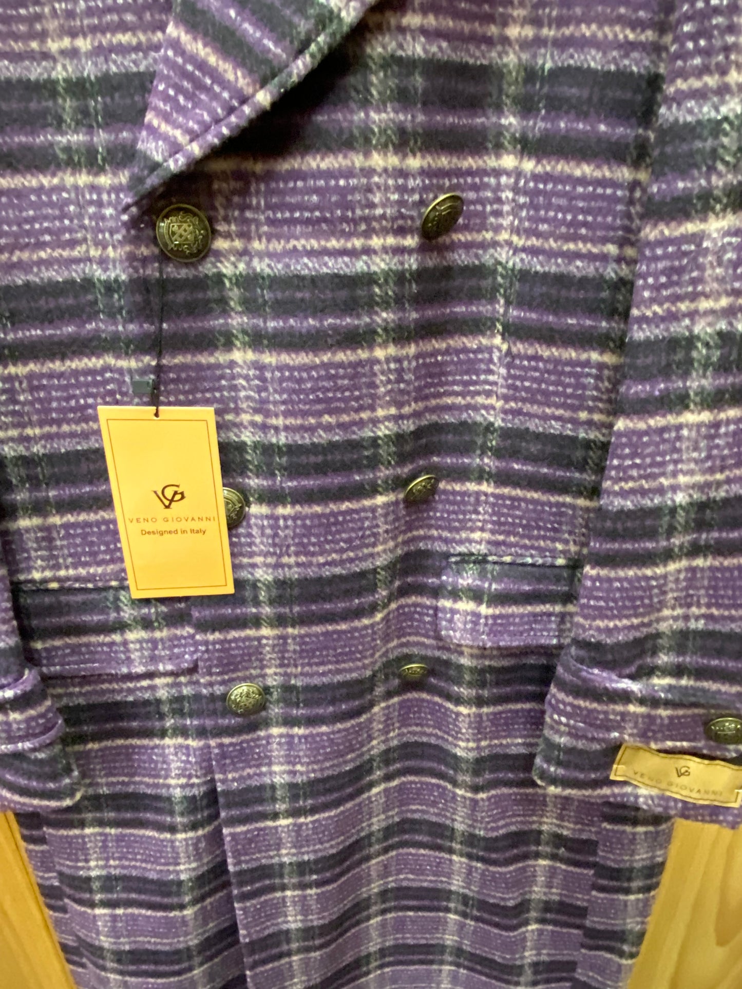 Veno Giovanni CB-11 Purple Windowpane Double breasted 100% Wool Overcoat/Topcoat