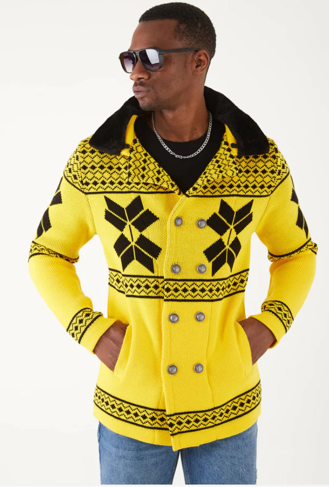 Lagos Red Exclusive Men's Yellow Patch Long Sweaters | Fur Collar LS84