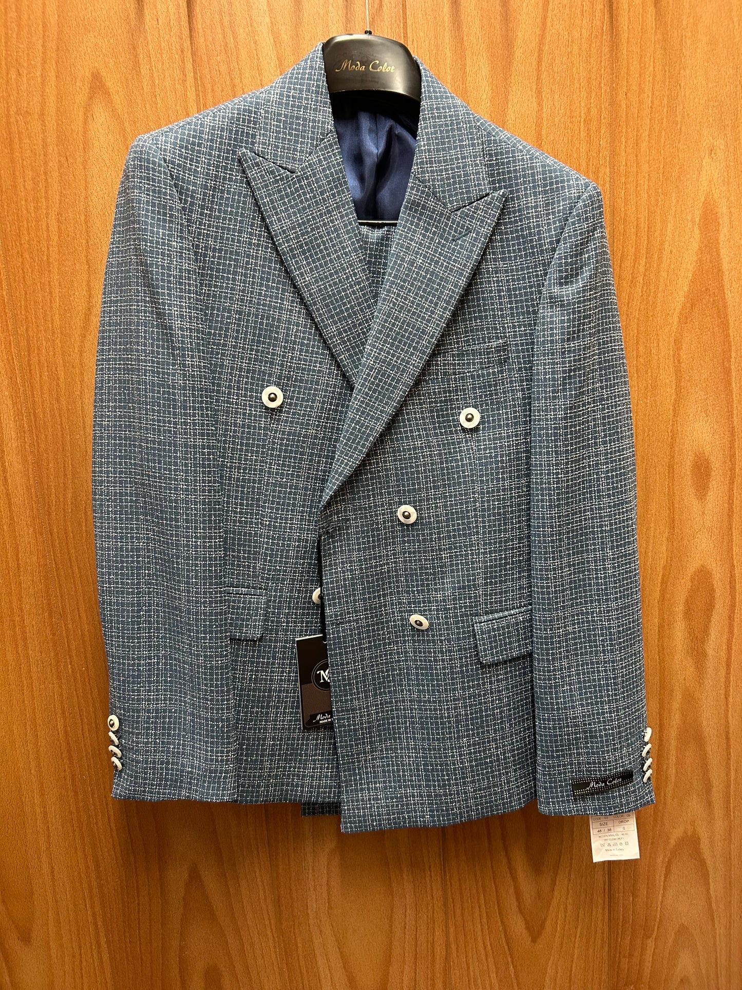 Moda Color Teal/White checkered Turkish Slim Fit Double Breasted Wool Suit