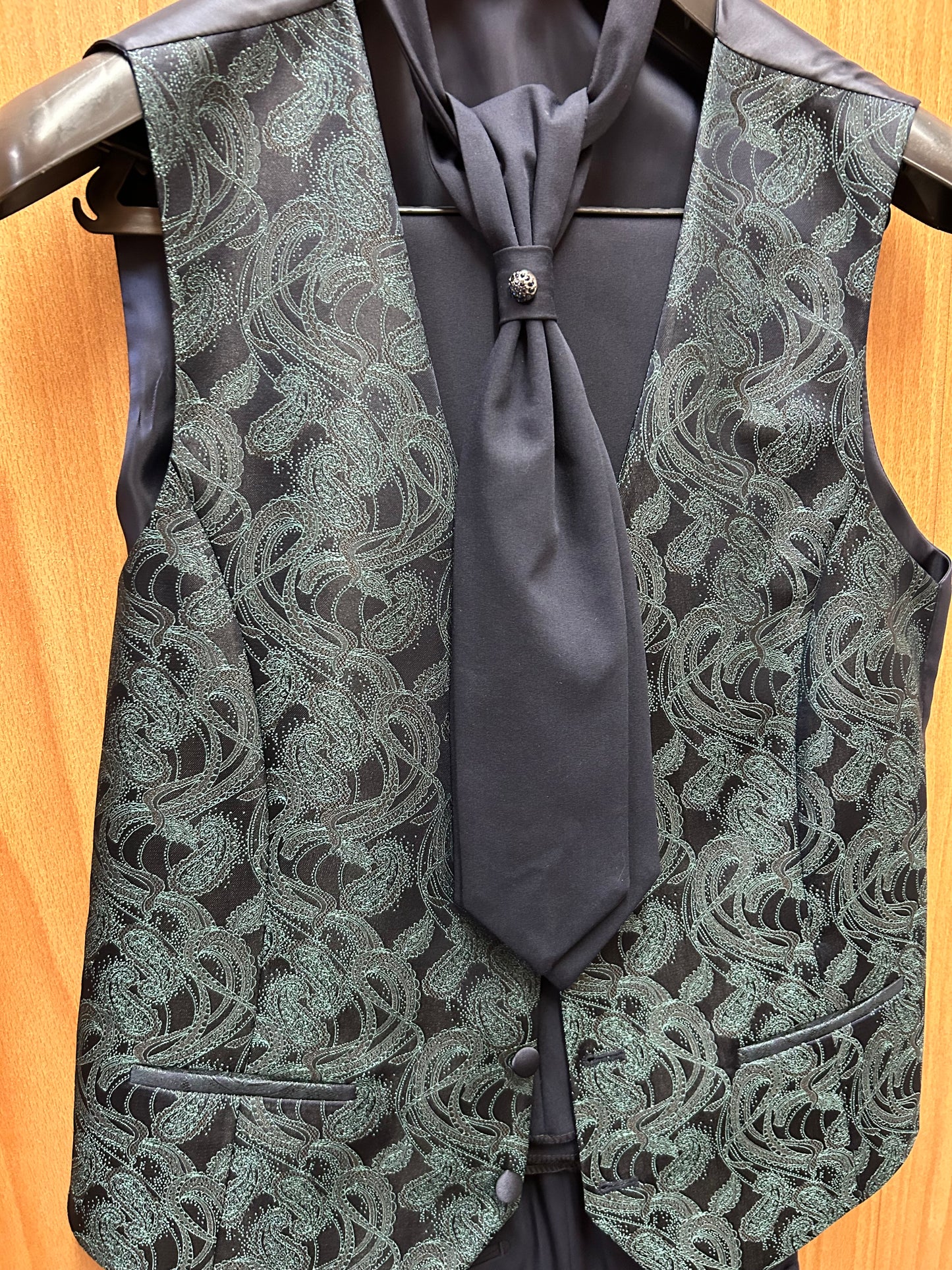 Moda Color Exclusive Navy/Green Paisley 4-Piece Turkish Slim Fit Suit with Tie