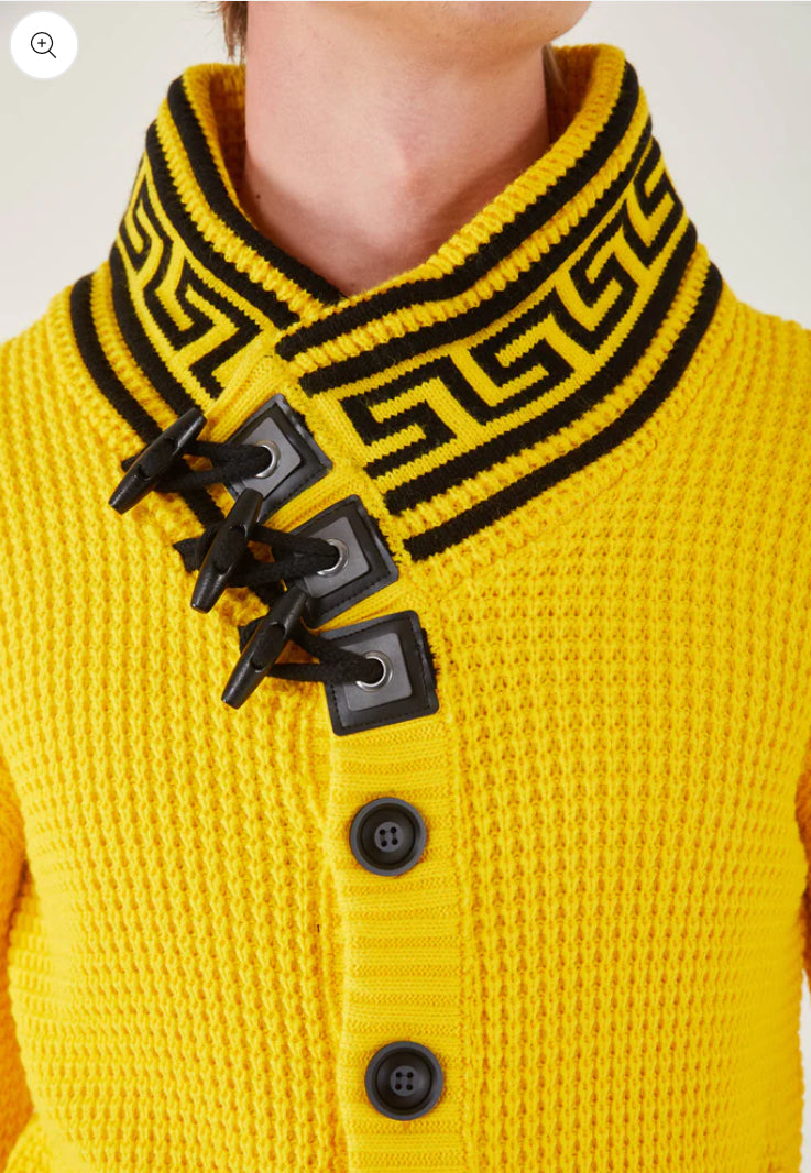 Lagos Red Men's Yellow Button Up Sweater | Meander Print