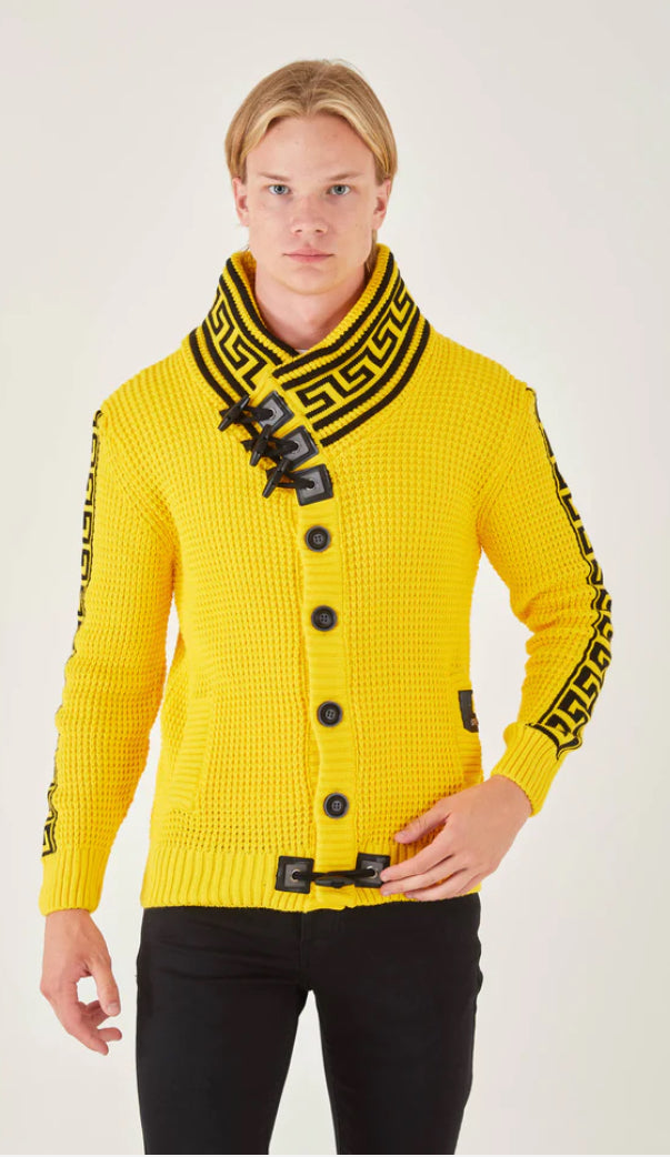 Lagos Red Men's Yellow Button Up Sweater | Meander Print