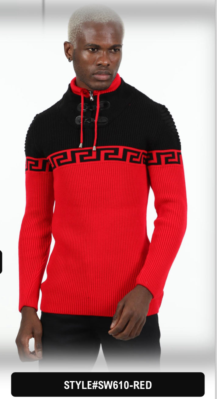 Suslo Couture Men's Black & Red Pullover Sweater | Meander Print