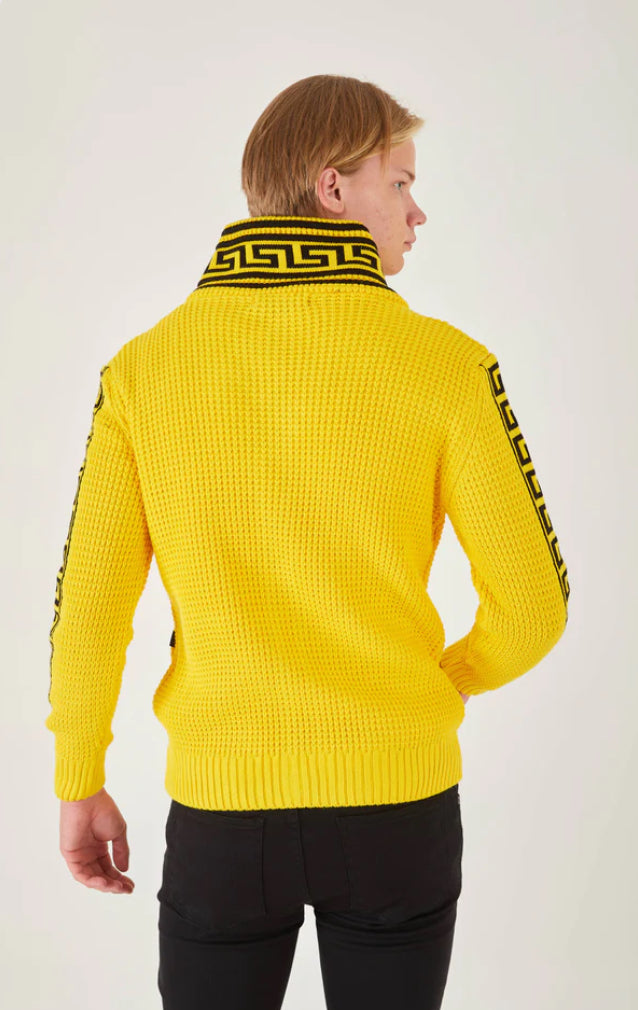 Lagos Red Men's Yellow Button Up Sweater | Meander Print