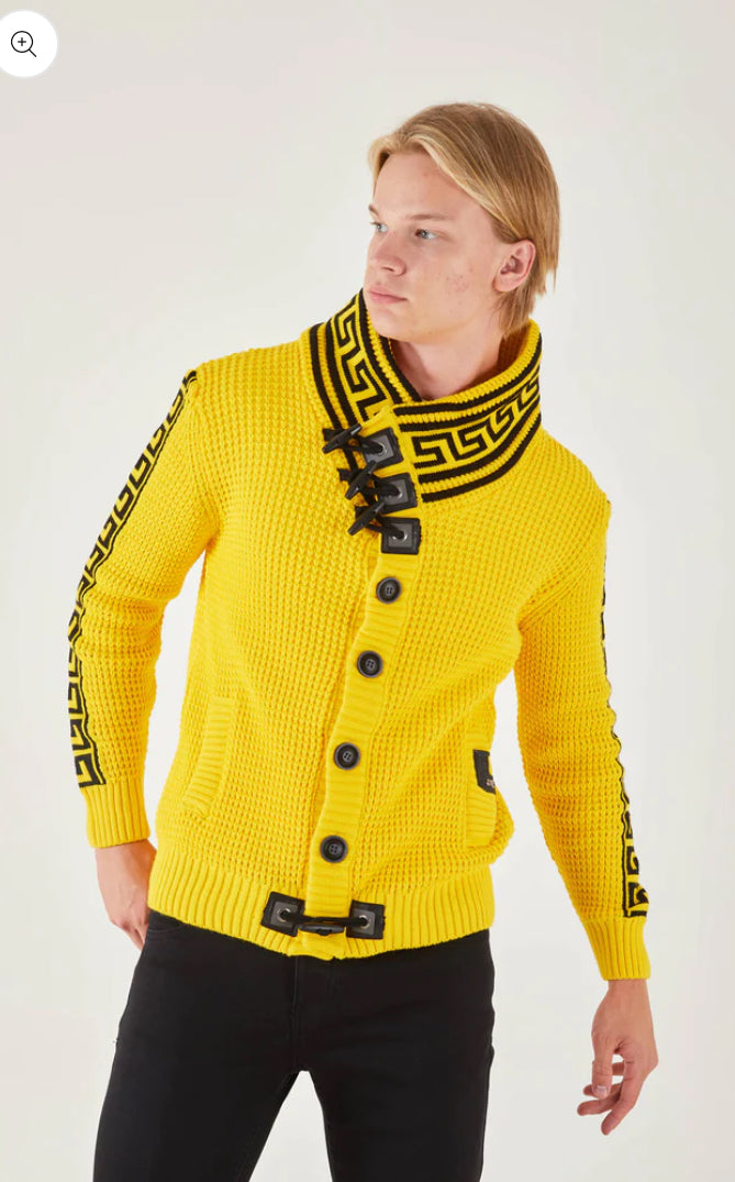 Lagos Red Men's Yellow Button Up Sweater | Meander Print