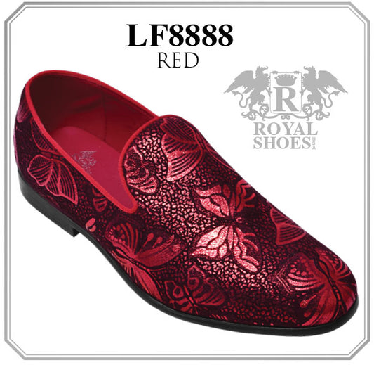 Royal Shoes LF8888 Red/Black Butterfly Print Red Bottoms Smoking Slip-on Dress Shoes Sizes 8-13