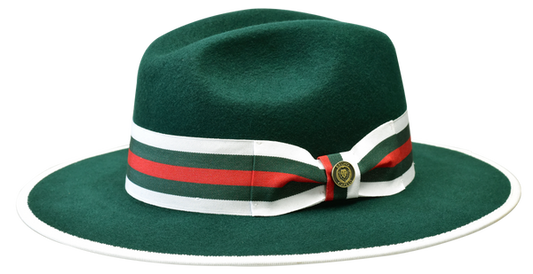 BRUNO CAPELO WESLEY WE-979 WIDE BRIM AUSTRALIAN WOOL FEDORA HAT | GREEN WITH WHITE/RED/GREEN VERSACE BAND