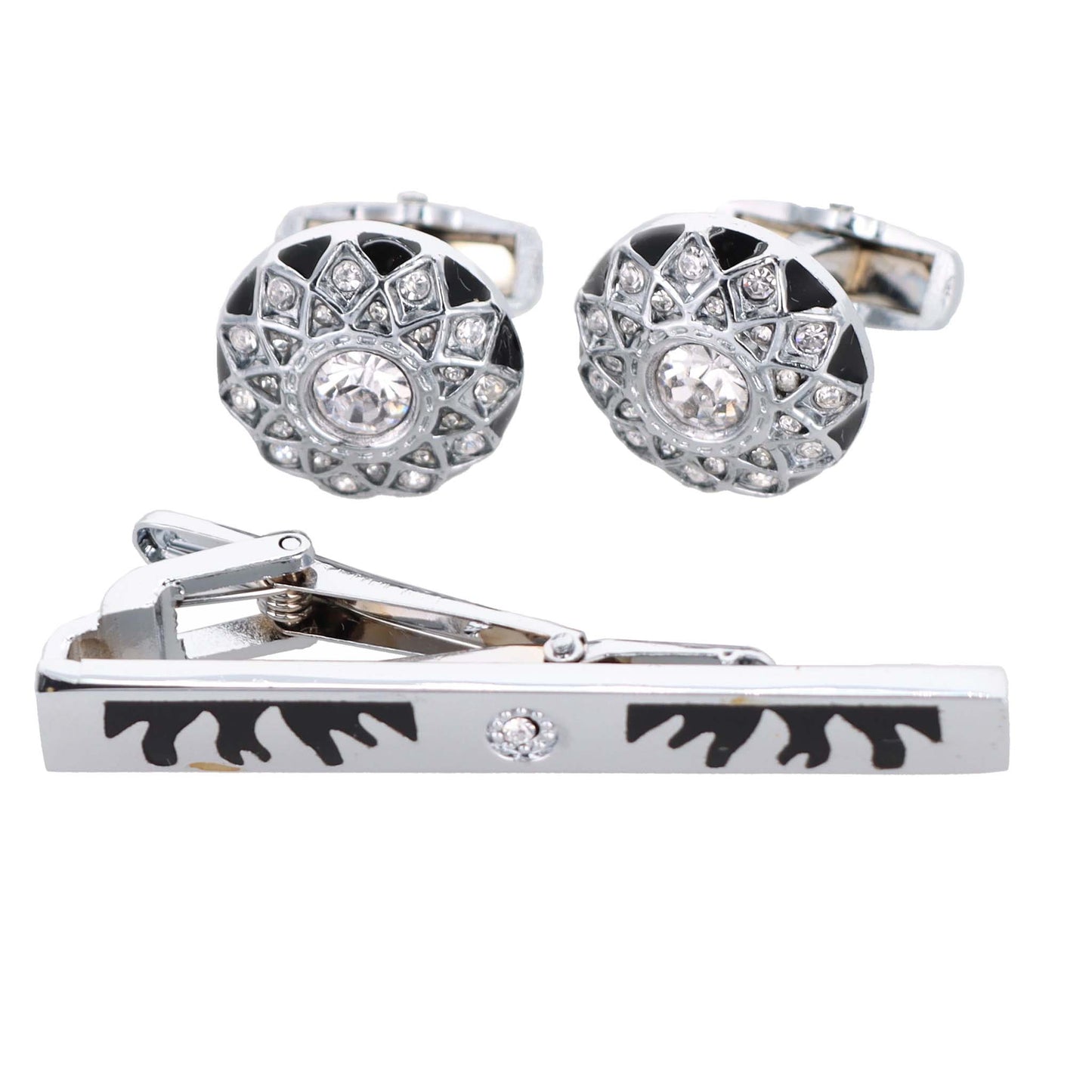 Vittorio Vico Silver Rhinestone Cufflinks & Tie Bar Set