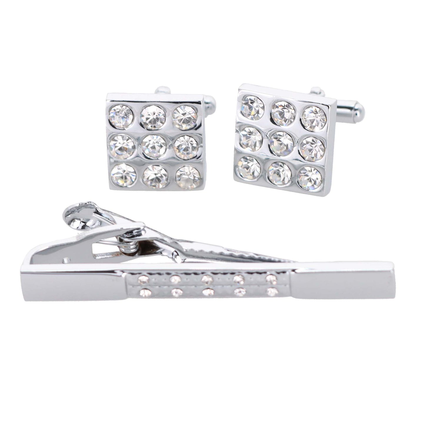 Vittorio Vico Silver Rhinestone Cufflinks & Tie Bar Set