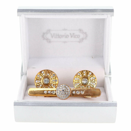 Vittorio Vico Gold Rhinestone Cufflinks & Tie Bar Set