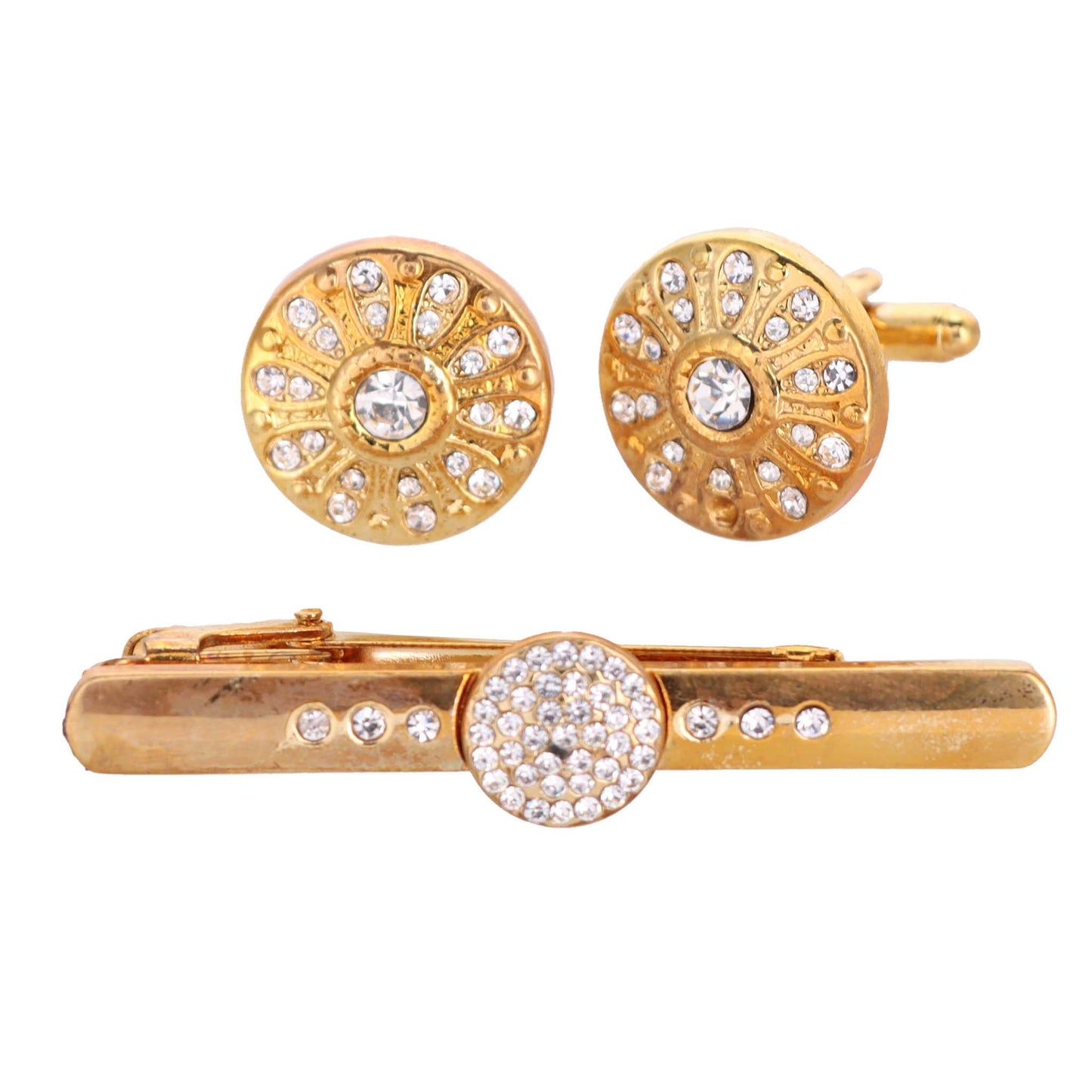 Vittorio Vico Gold Rhinestone Cufflinks & Tie Bar Set