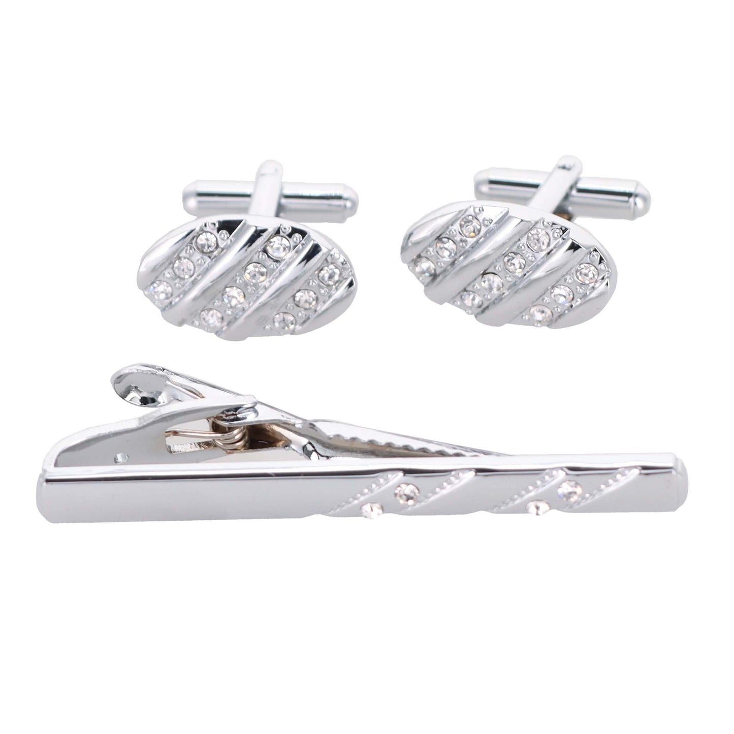 Vittorio Vico Silver Rhinestone Cufflinks & Tie Bar Set