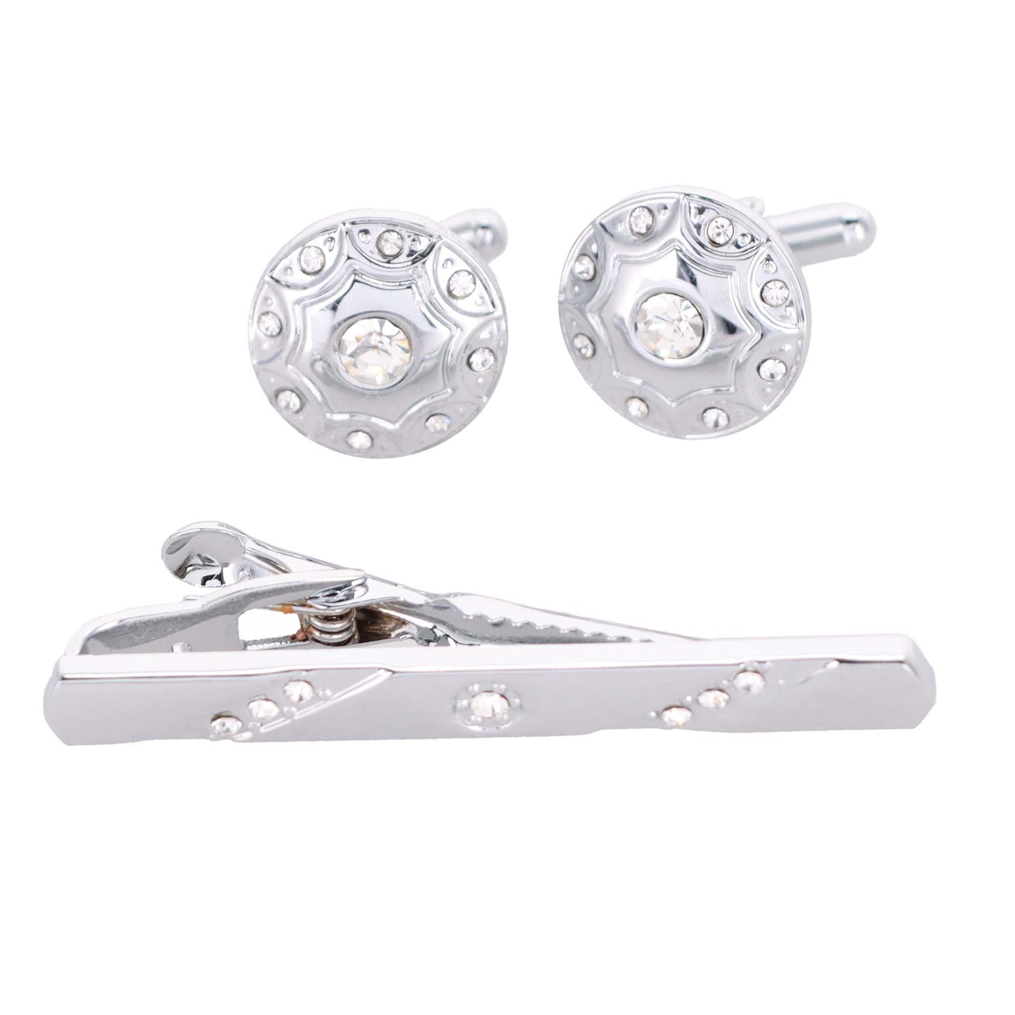 Vittorio Vico Silver Rhinestone Cufflinks & Tie Bar Set