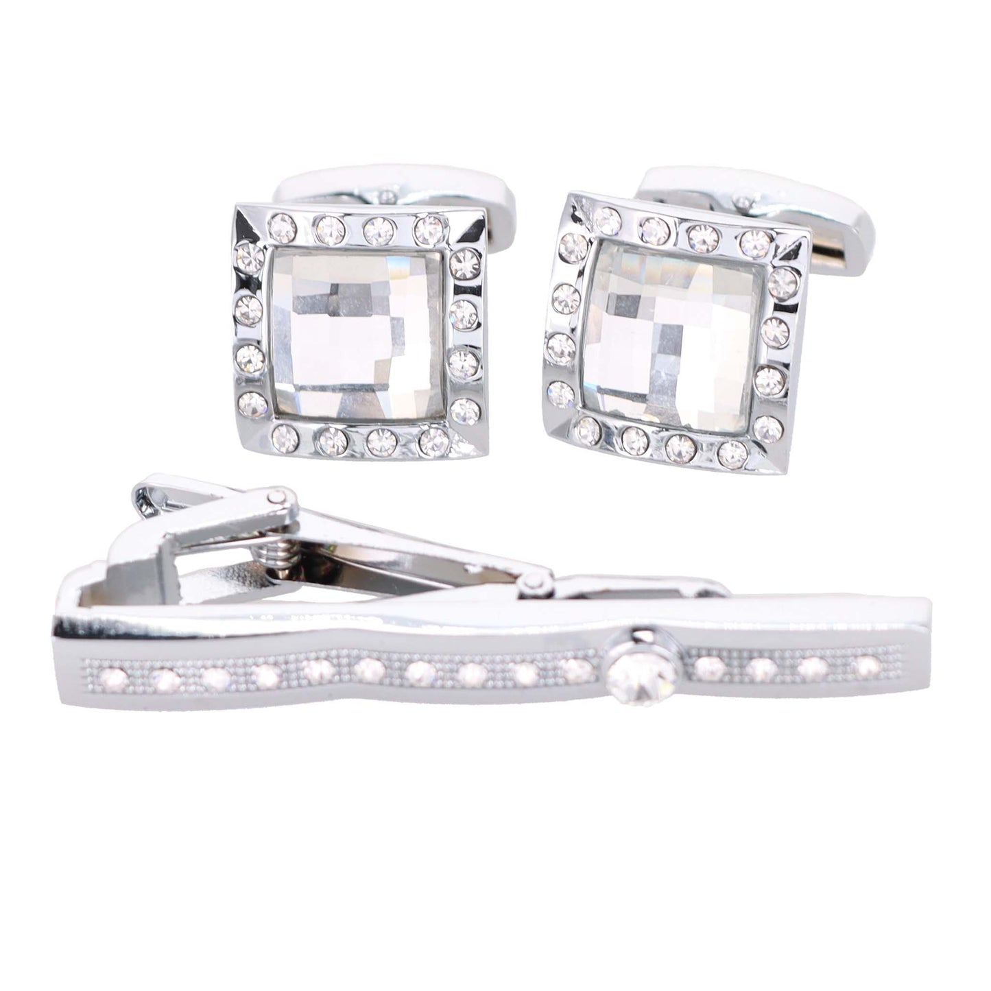 Vittorio Vico Silver Rhinestone Cufflinks & Tie Bar Set