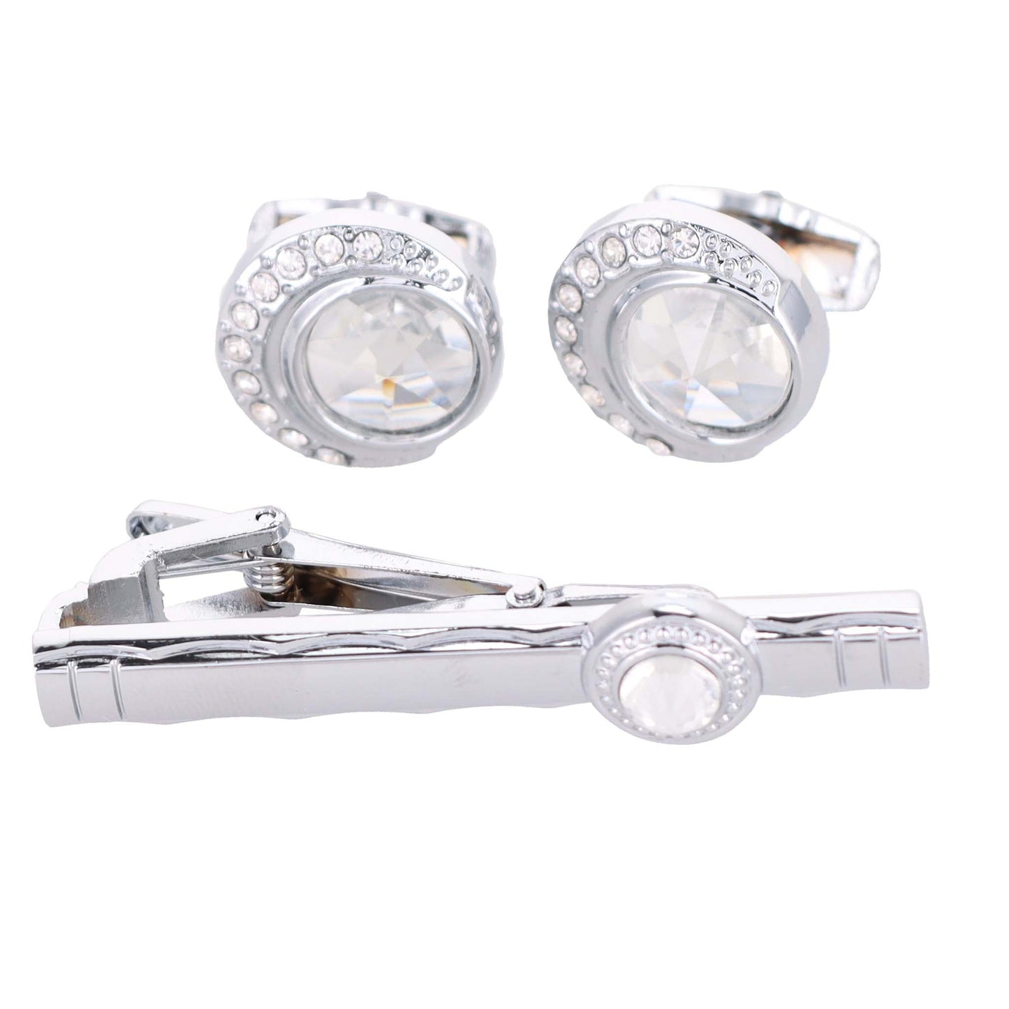 Vittorio Vico Silver Rhinestone Cufflinks & Tie Bar Set