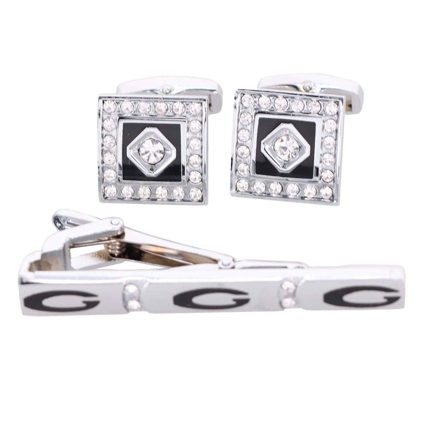 Vittorio Vico Silver Rhinestone Cufflinks & Tie Bar Set