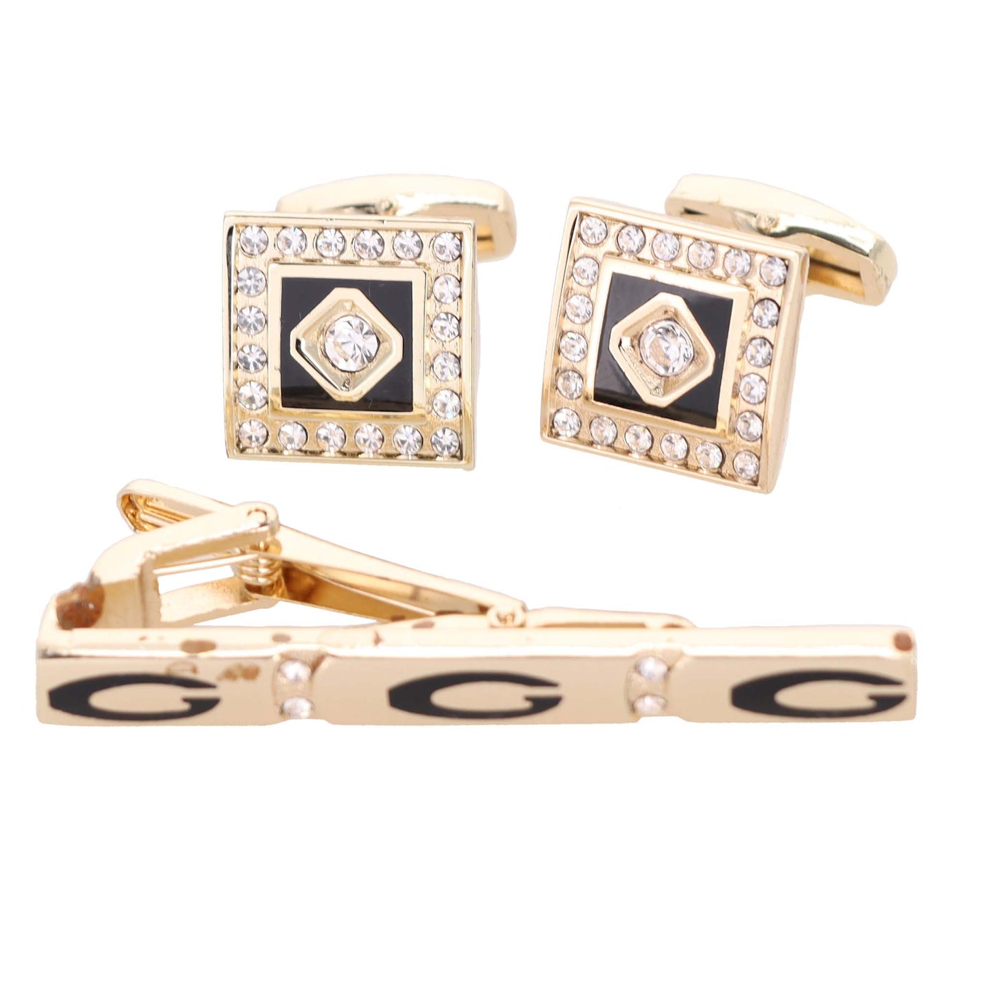 Vittorio Vico Gold Rhinestone Cufflinks & Tie Bar Set