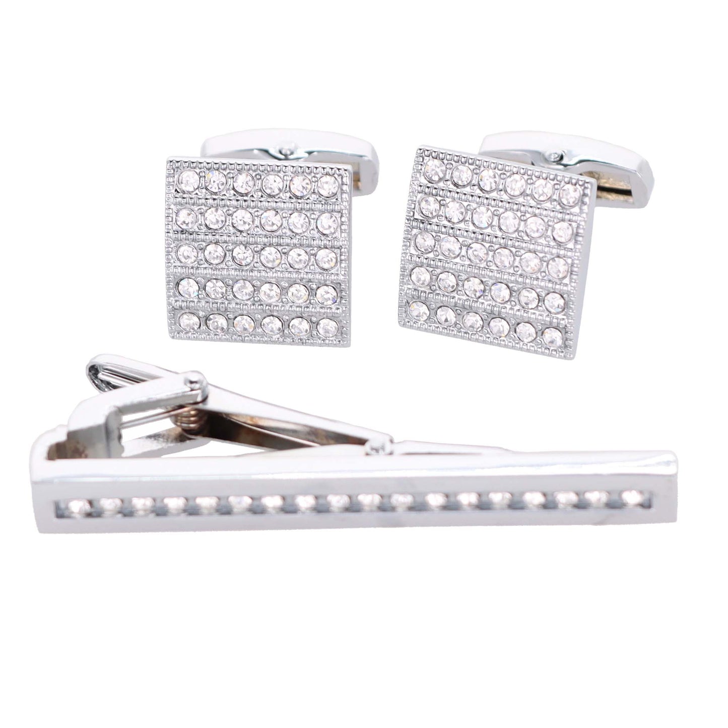 Vittorio Vico Silver Rhinestone Cufflinks & Tie Bar Set