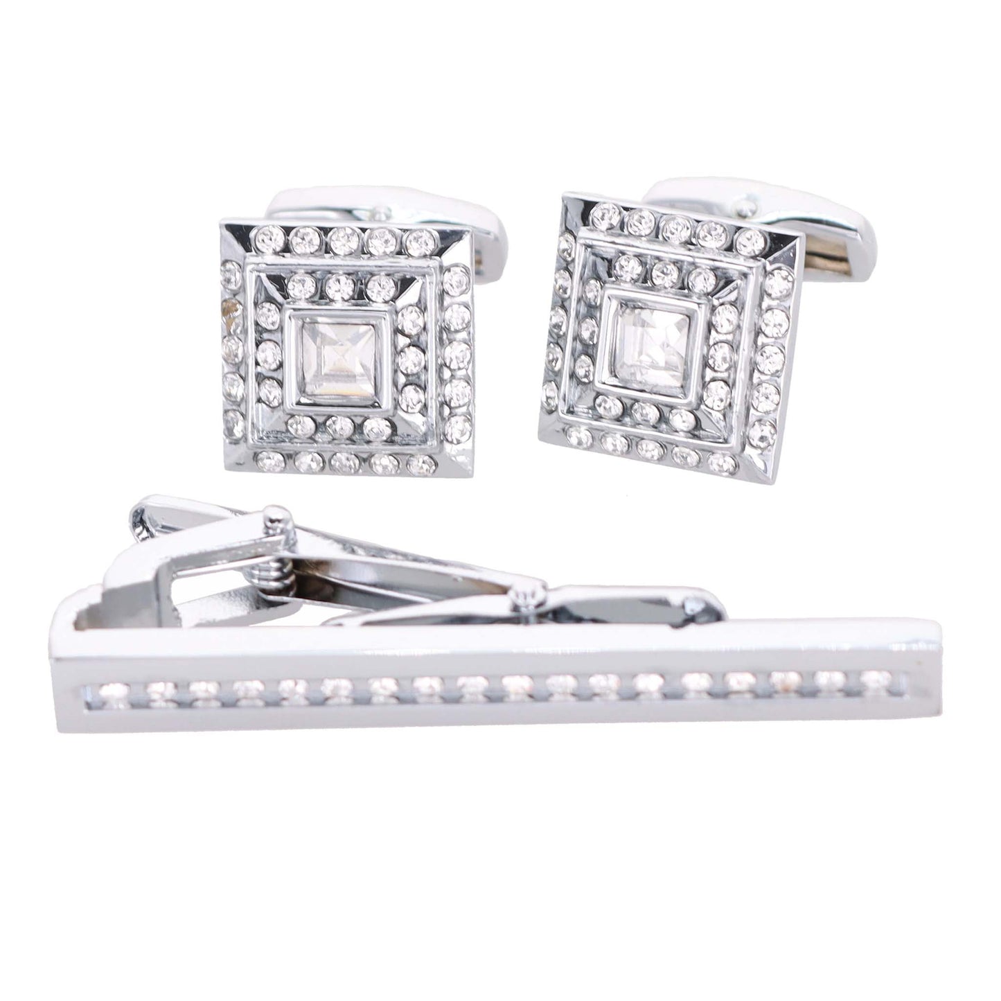 Vittorio Vico Silver Rhinestone Cufflinks & Tie Bar Set