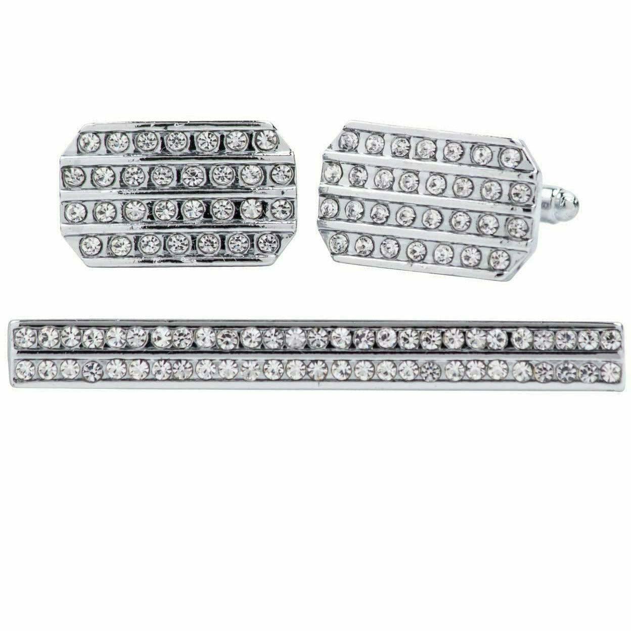 Vittorio Vico Silver Rhinestone Cufflinks & Tie Bar Set