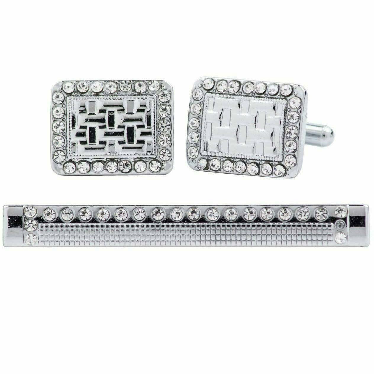 Vittorio Vico Silver Rhinestone Cufflinks & Tie Bar Set