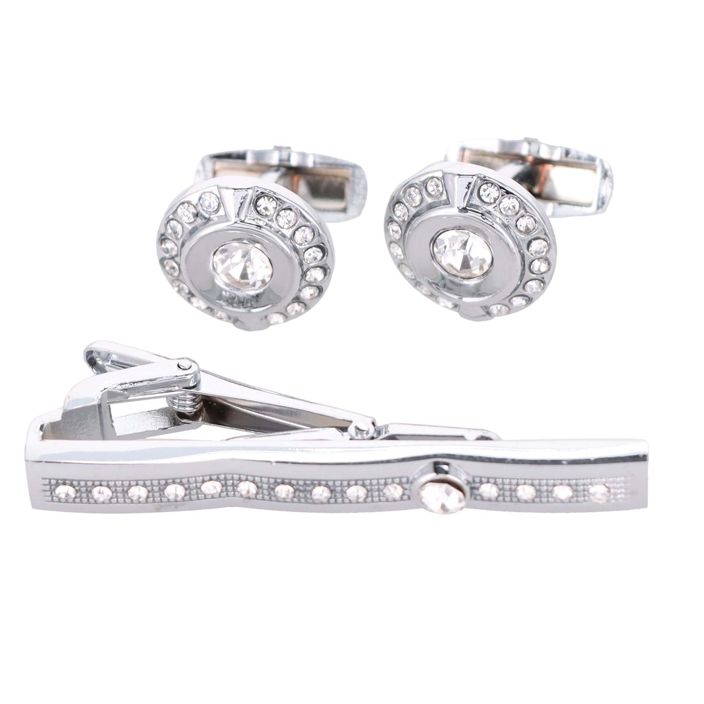 Vittorio Vico Silver Rhinestone Cufflinks & Tie Bar Set