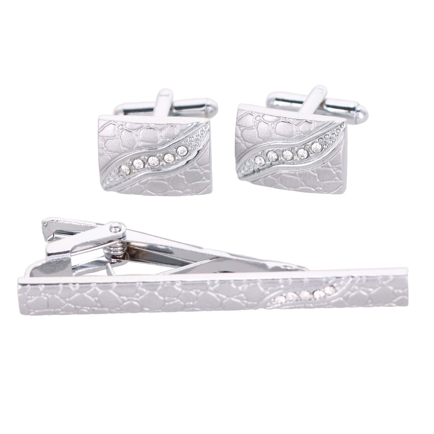 Vittorio Vico Silver Rhinestone Cufflinks & Tie Bar Set