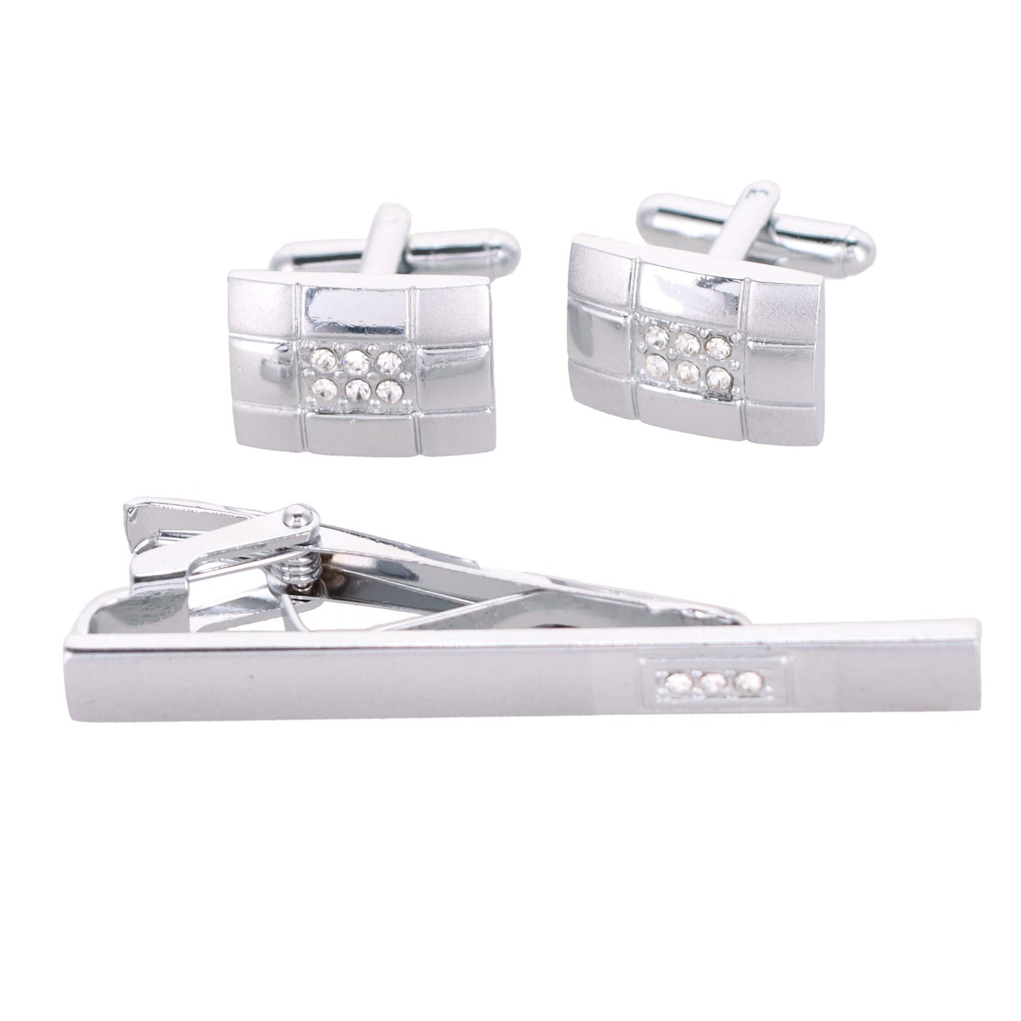 Vittorio Vico Silver Rhinestone Cufflinks & Tie Bar Set