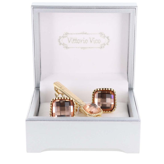 Vittorio Vico Square Colored Crystal Cufflinks & Tie Bar Set