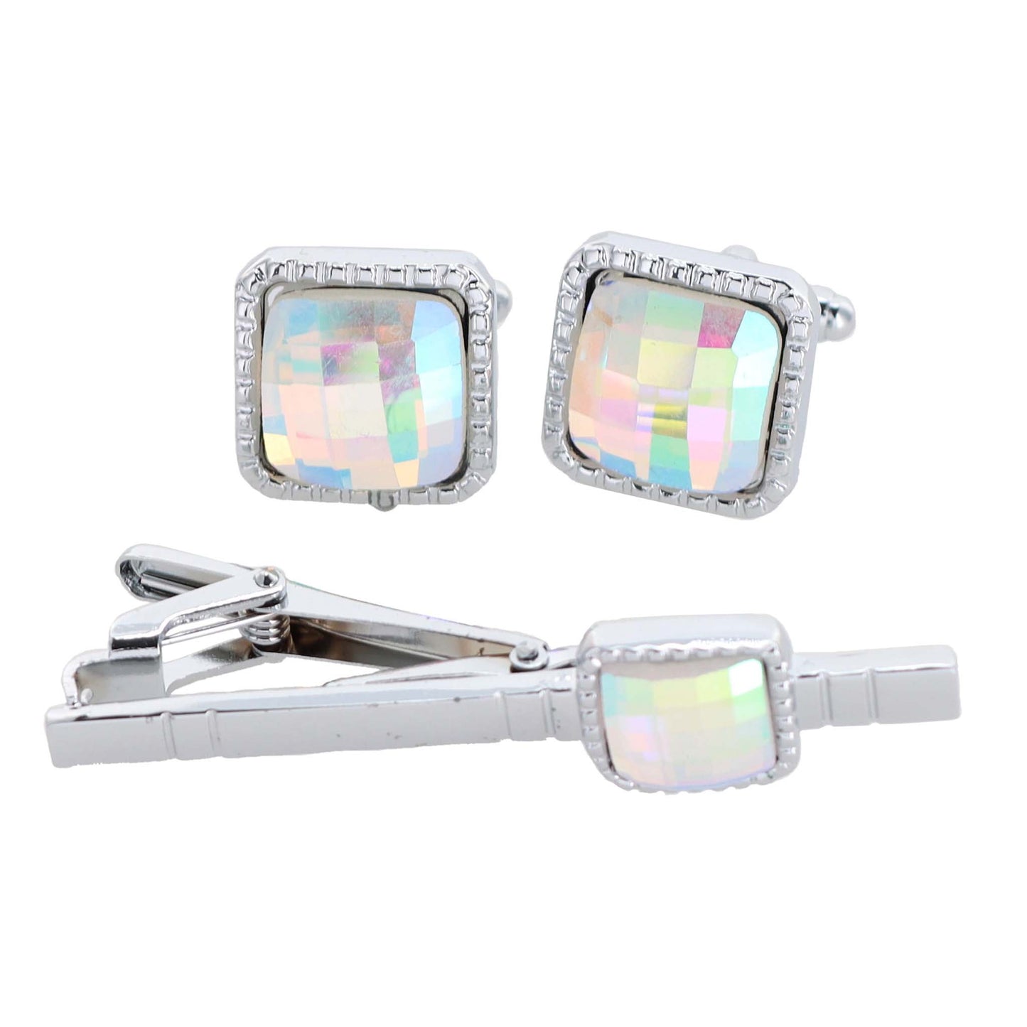 Vittorio Vico Square Colored Crystal Cufflinks & Tie Bar Set