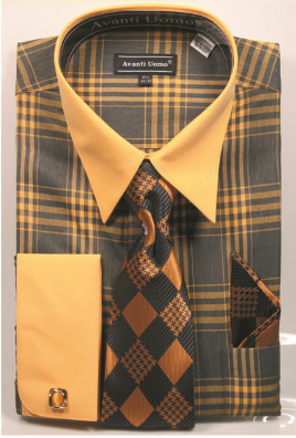 Avanti Uomo Men's French Cuff Shirt Set - Unique Windowpane | DN99M Mustard