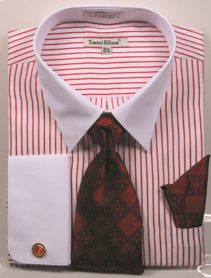 Daniel Ellissa Men's Striped French Cuff Shirt Set - Dark Accented Tie | DS3814P2 Red