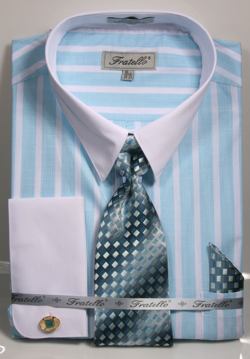 Fratello Men's 100% Cotton French Cuff Dress Shirt Set - Wide Stripe | FRV4141P2 Aqua