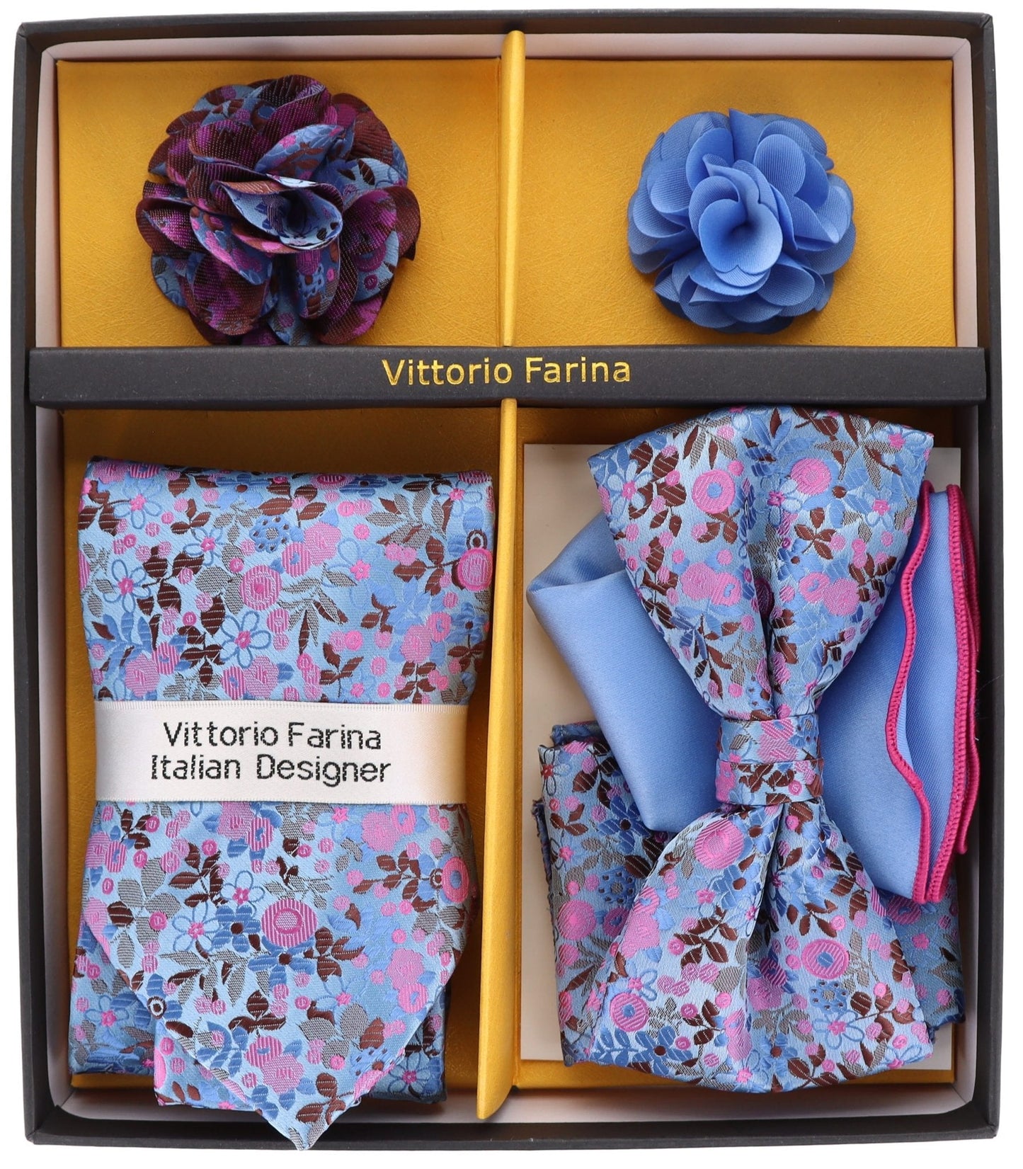 Vittorio Farina Gift Box (Necktie, Bow Tie, Pocket Squares and Flower Lapel Pin)