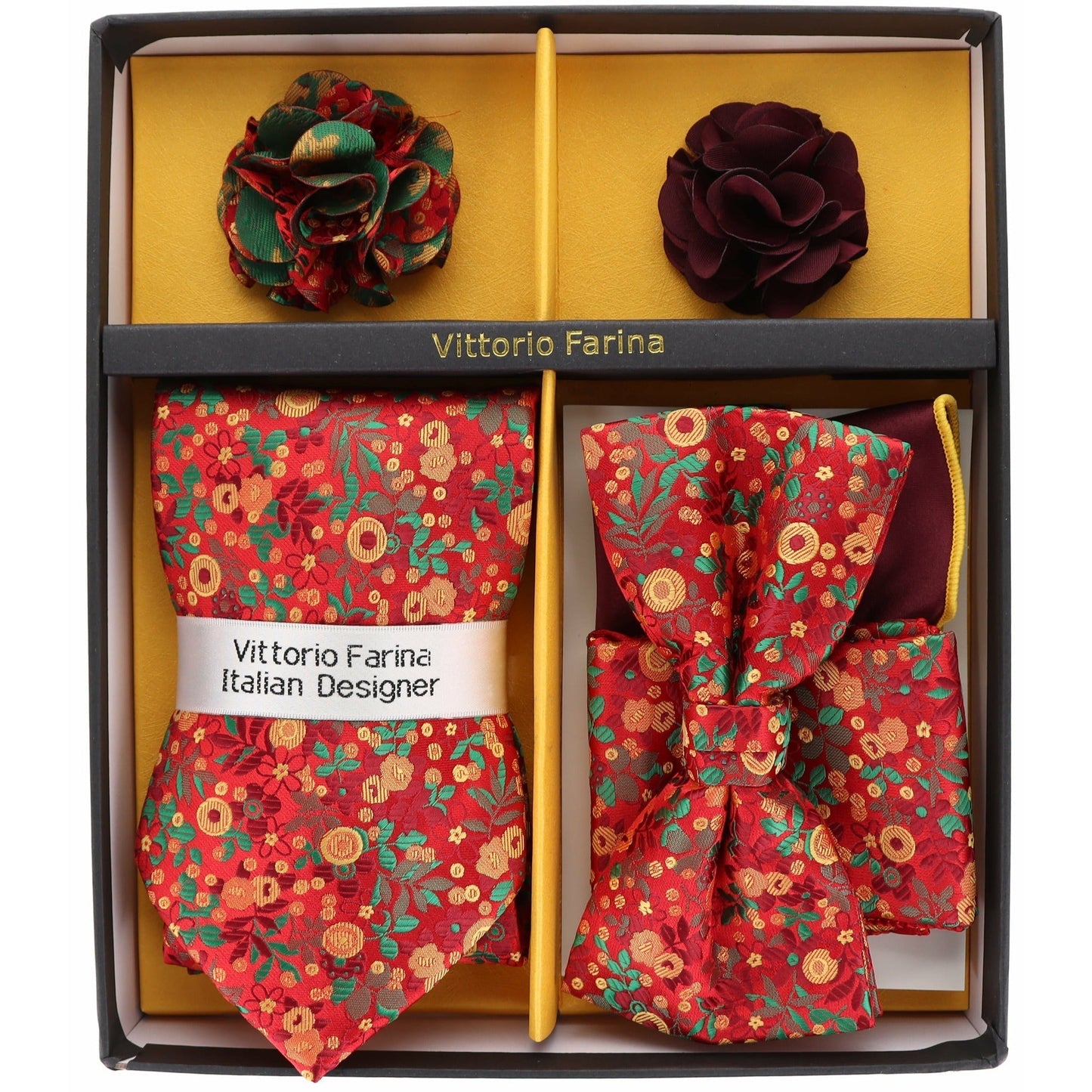 Vittorio Farina Gift Box (Necktie, Bow Tie, Pocket Squares and Flower Lapel Pin)